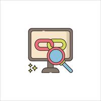 A computer screen with a link icon and magnifying glass vector
