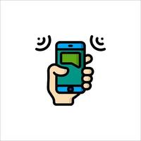 Hand holding a phone with a green screen and a message icon vector