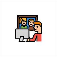 A man is sitting in front of a computer screen with a woman and child in the background vector
