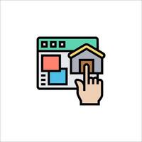 A hand pressing a button on a computer screen with a house in the background vector
