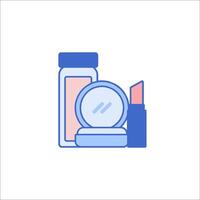 A blue and pink icon of a bottle of perfume and a lipstick vector
