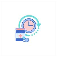 A clock and pills are shown in a line icon vector