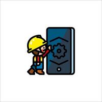 A cartoon character in a hard hat is holding a phone vector
