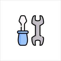 A wrench and a bottle of liquid are shown in a flat line vector