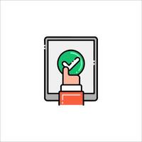 A hand holding a tablet with a check mark on it vector