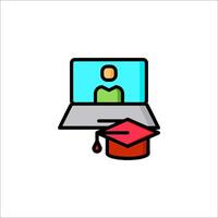 A laptop with a graduation cap and a person on it vector