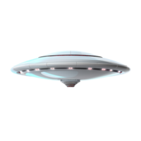 Futuristic silver flying saucer UFO with glowing lights hovering in space png