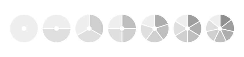 Wheel round divided diagrams, one, two, three, four, five, six, seven segments. Coaching blank. Circle division, 1, 2, 3, 4, 5, 6, 7 equal parts. Infographic set. vector
