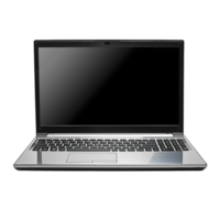 Modern black laptop computer with blank screen displayed on a clean for design png