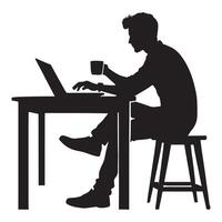 Silhouette of a Man Relaxing with Laptop and Coffee vector