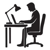 Silhouette of a Man Working on His Laptop at a Desk with a Lamp vector