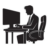 Silhouette of a Businessman Using Desktop Computer at His Desk vector