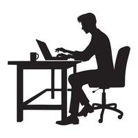 Silhouette of a Man Working on Laptop at His Desk vector