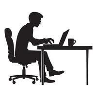 Silhouette of a Man Working on Laptop at Desk vector