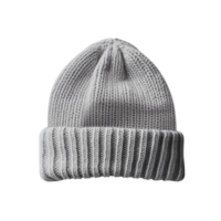Warm knitted grey beanie with folded brim and soft fabric texture png