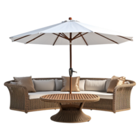 Stylish outdoor patio set with umbrella, table, and chairs creating a relaxing seating arrangement png