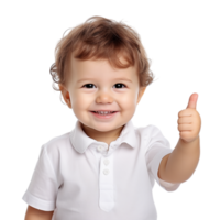 Smiling baby in white shirt showing a thumbs up with joyful expression png