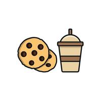 Drink and chocolate cookies icon showcases a fun and approachable style, perfect for visualizing snack boxes, afternoon tea, or dessert menus. vector