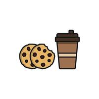 Drink and chocolate cookies icon embodies a delightful and appetizing design, ideal for representing coffee breaks, snack-time relaxation, or bakery specials. vector