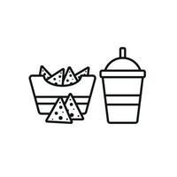 Drink and corn chips set icon embodies a relaxed and laid-back style, great for visualizing comfort food, social events, or party snacks. vector