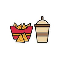 Drink and corn chips set icon offers a clean and inviting style, perfect for promoting snack combinations, bars, or casual eateries. vector