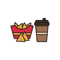Drink and corn chips set icon delivers a fresh and fun look, ideal for illustrating healthy snack options, office snacks, or snack-related branding. vector
