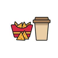 Drink and corn chips set icon highlights a simple and satisfying aesthetic, ideal for food delivery services, bar menus, or light refreshments. vector
