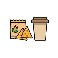 Drink and corn chips set icon offers a delicious and satisfying aesthetic, ideal for representing food pairing ideas, bar menus, or quick meals. vector