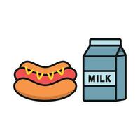 Milk and hot dog set icon with vibrant colors and whimsical details, ideal for family-friendly dining or events vector