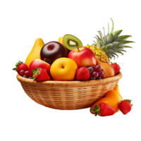 Fruit basket filled with apples, grapes, bananas, and colorful berries png