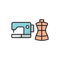 Mannequin and Sewing Machine Set Icon features a chic and minimalist graphic, perfect for promoting sewing kits, custom garment creation, and tailoring services vector