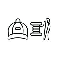 Needle and Thread and Cap Set Icon features a trendy and minimalistic graphic, ideal for showcasing custom cap creations, sewing tools, and fashion DIY kits vector