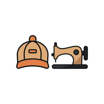 Sewing Machine and Cap Set Icon provides a clean and dynamic look, perfect for displaying personalized cap collections, sewing patterns, and crafting kits vector