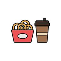Drink and onion ring set icon showcases a mouth-watering combination of golden onion rings and a cool beverage, ideal for illustrating comfort food or friendly gatherings vector