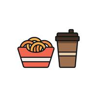 Drink and onion ring set icon offers a satisfying duo of crispy onion rings and a refreshing beverage, great for illustrating quick bites, food trucks, or fun gatherings vector