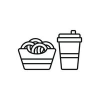 Drink and onion ring set icon showcases a delicious pairing of a cool drink and savory onion rings, ideal for visualizing fast food, snack bars, or casual meal vector