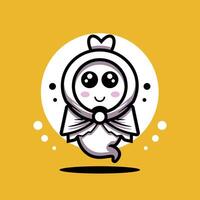 A whimsical ghost character smiles happily, adorned with a bow and scarf. The background is cheerful yellow, enhancing the playful nature of this illustration. vector