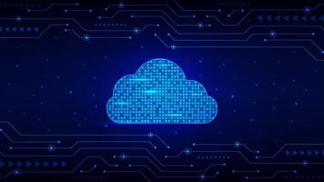Cloud computing with futuristic circuit board on dark blue background. Database, online storage and web hosting technology vector