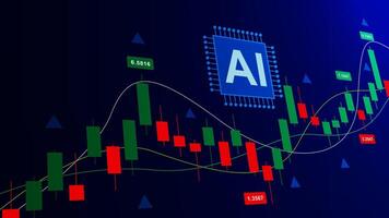 AI chip with candlestick chart graph with indicator. Stock market, forex trading, financial investment and Artificial Intelligence concept vector