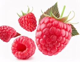 Fresh raspberries floating in the air, isolated on white background. photo