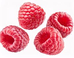 Fresh raspberries floating in the air, isolated on white background. photo