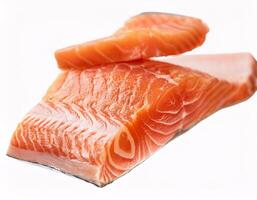 Pieces of fresh raw salmon floating in the air, isolated on white background photo