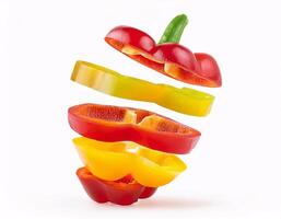 Pieces of colorful sweet peppers floating in the air, isolated on white background photo