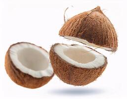 Fallen coconut floating in the air, isolated on white background photo