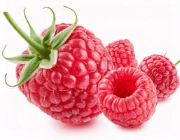 Fresh raspberries floating in the air, isolated on white background. photo