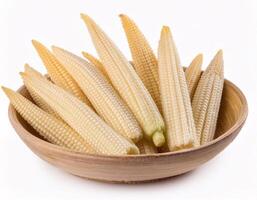 Baby corn, isolated on a white background, shows its small and slender shape. photo