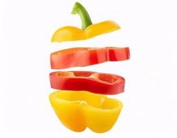 Pieces of colorful sweet peppers floating in the air, isolated on white background photo