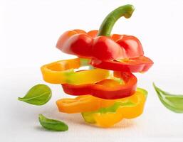 Pieces of colorful sweet peppers floating in the air, isolated on white background photo