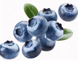 Falling blueberries floating in the air, isolated with white background and sharp clipping path photo