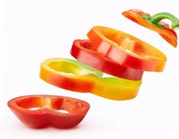 Pieces of colorful sweet peppers floating in the air, isolated on white background photo